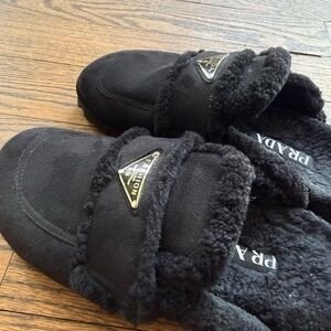 Prada Black Shearling Slippers